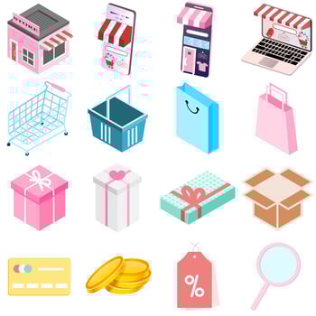 Flat 3d isometric trendy style online store shopping web mobile app infographics icon set. Cart bag credit card laptop wallet label sale search money gift box coin safe. Website application collection vector