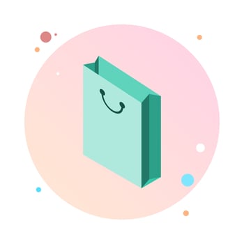 3D isometric paper shopping bag in circle icon. Shopping bag for advertising and branding collection for retail design for web page, UI, mobile. Vector illustration for products and things.