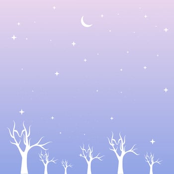Blue and purple landscape with silhouettes of dry trees, tree branches, moon and stars in the sky. Background vector illustration for nature theme and wallpaper.