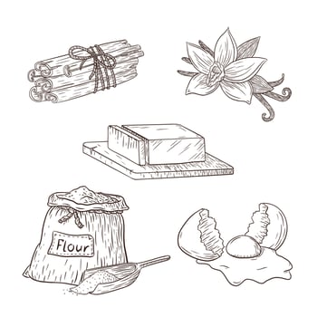 Baking Ingredients Set. Collection of Engraved Food Illustrations for logo, recipe, sticker, print, bakery menu design and decoration vector
