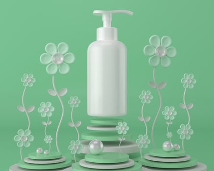 Pump bottle for cream or perfume on green background. photo