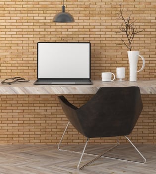 Office room with laptop on the table, 3D style. photo