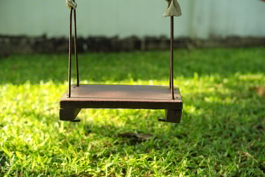 Closeup old wooden swing hanging from the tree in the backyard garden photo