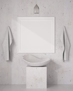 3D bathroom with white blank photo frame