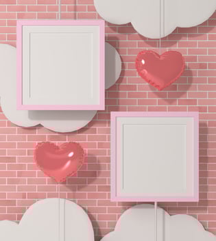 Mock up of poster frame on valentine concept modern interior in living room with love shape balloon isolated on light background, 3D render, 3D illustration photo