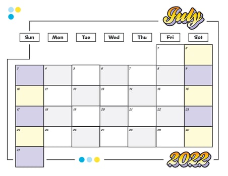 july colorful cute 2022 monthly calendar planner printable vector