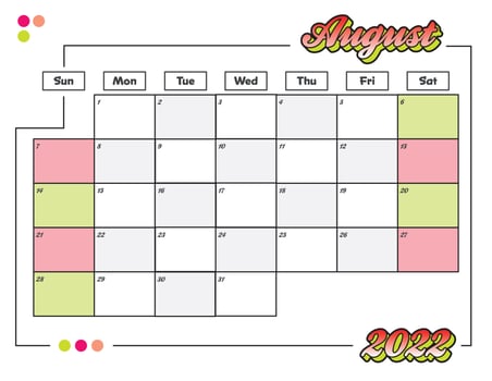 august colorful cute 2022 monthly calendar planner printable vector
