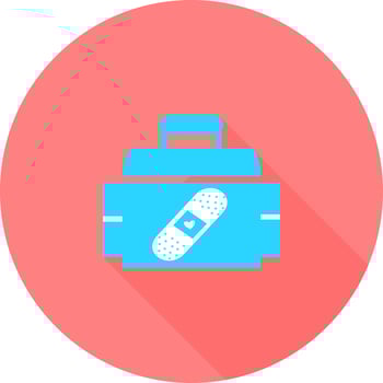 Medical bag in circle icon with long shadows. First aid kit medicine. Doctor's first-aid kit. Medicine chest vector illustration. Study medicine doctor's kit bag. Pharmacy. Medical kit icon vector.
