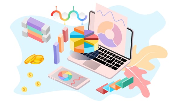 Modern flat design 3d isometric concept of Big Data Analysis for banner and website. Isometric landing page template. Digital information chart and statistic financial budget. Vector illustration.