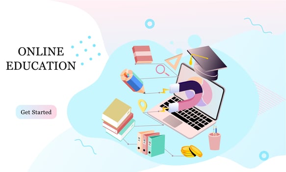 Isometric landing page template concept of Online Education for banner and website in memphis style background. Online training courses, university studies, e-learning research. Vector illustration.