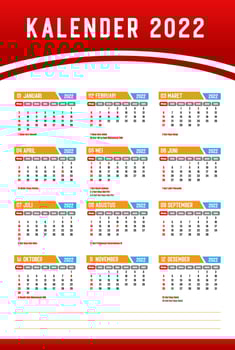 Indonesia 2022 calendar design with holidays Set from January to December vector