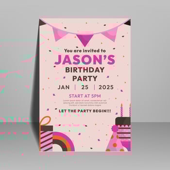 Children's Birthday Invitation Card with Cute Gifts and Birthday Cake Vector Design