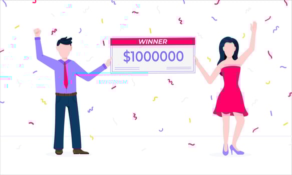Happy lottery winners with prize paycheck. Fortune lottery or casino gambling lucky games concept flat style design vec vector