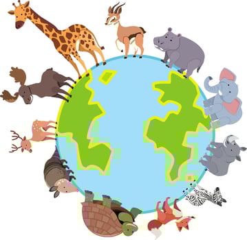 African animals standing on the earth planet in flat style vector