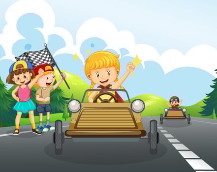 Road scene with children racing car vector