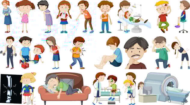 Set of sick people with different symptoms vector