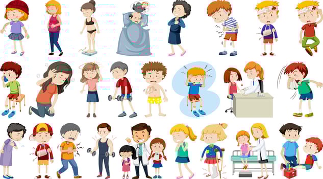 Set of sick people with different symptoms vector