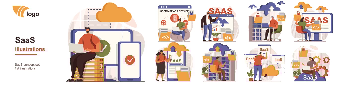 SaaS concept isolated person situations. Collection of scenes with people users use software as a service, subscription, cloud storage and computing. Mega set. Vector illustration in flat design