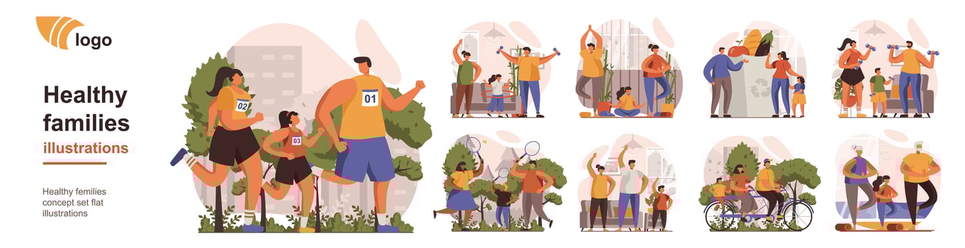 Healthy families concept isolated person situations. Collection of scenes with people parents with children go in for sports, compete and active lifestyle. Mega set. Vector illustration in flat design