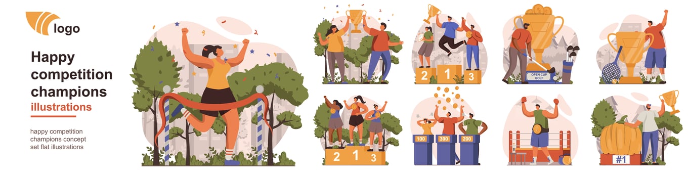 Happy competition champions concept isolated person situations. Collection of scenes with people athletes winning and celebrate first places and trophies. Mega set. Vector illustration in flat design