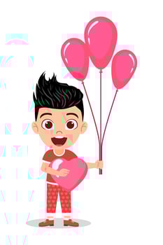 Happy cute kid boy character standing and holding hart shape love balloons vector