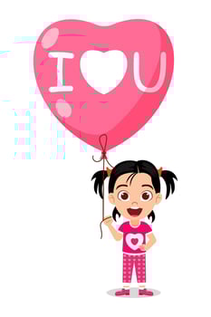 Happy cute kid girl character standing and holding hart shape love balloon vector
