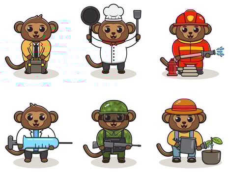 Vector illustration with cute Monkey of different professions