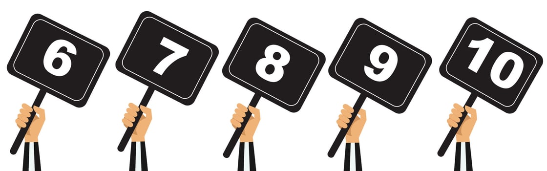 judge hand holding score card vector illustration. scorecard number for competition jury vote set. panel icon up. isolated. white background. best grade achievement