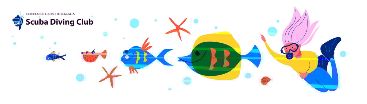 Diving. Extreme sport. Underwater swimming. Girl diver and exotic fish and underwater world. Vector illustration.