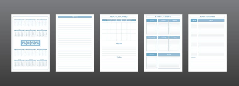 2022 calendar daily weekly monthly personal planner diary template in strict minimalist urban style gray blue color. individual schedule Week starts on sunday vector