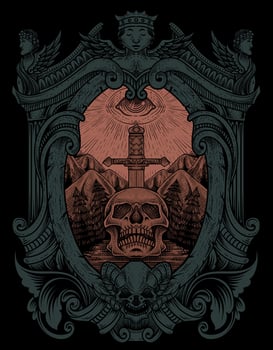 illustration antique skull sword with dark eyes engraving style vector