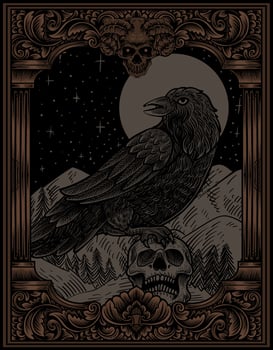illustration vintage scary crow with engraving style vector