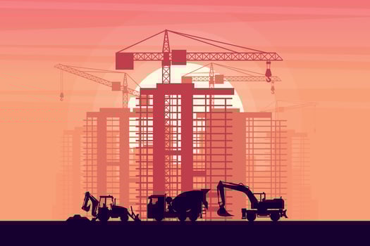 Heavy machinery of wheel excavators, backhoes and concrete trucks with buildings under construction and sunset background vector