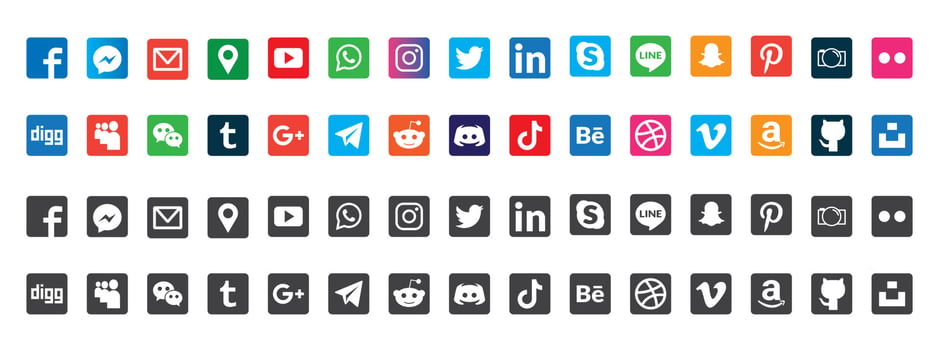 Social media logotype set. Facebook instagram twitter youtube snapchat whatsap pinterest linkedin vimeo tiktok periscope logo set. Social network icon vector
