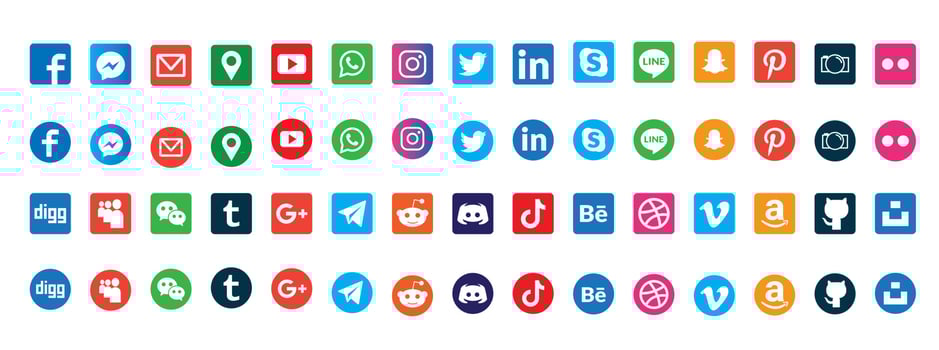 Social media logotype set. Facebook instagram twitter youtube snapchat whatsap pinterest linkedin vimeo tiktok periscope logo set. Social network icon vector