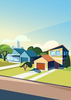 Suburban street in summer season. Illustration in vertical orientation. vector