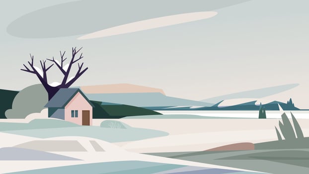 Winter landscape with house on the river bank. vector