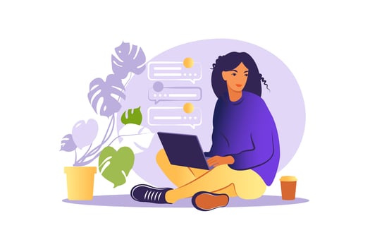 Woman sitting with laptop. Concept illustration for working, studying, education, work from home, healthy lifestyle. Can use for backgrounds, infographics, hero images. Flat. Vector illustration.