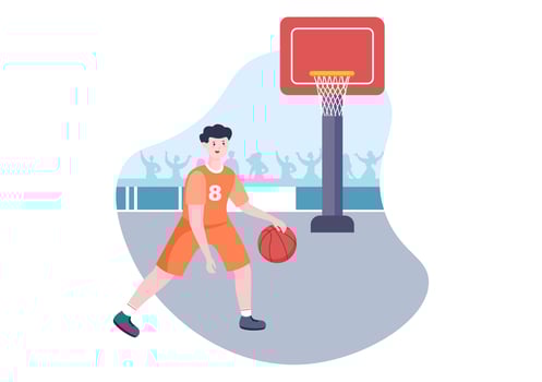 Happy Young Man Playing Basketball Flat Design Illustration Wearing Basket Uniform in Outdoor Court for Background, Poster or Banner vector