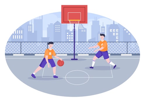 Happy Young Man Playing Basketball Flat Design Illustration Wearing Basket Uniform in Outdoor Court for Background, Poster or Banner vector