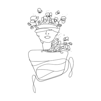 Abstract illustration of a woman, from whose head and body flowers and butterflies grow, a woman with a tied body and eyes drawn in the style of one line outline. Vector surrealism