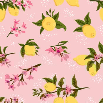 Summer tropical seamless pattern with colorful lemons and flowers.Vector citrus fruits background. Modern exotic floral design for paper, cover, fabric, interior decor and other users. vector