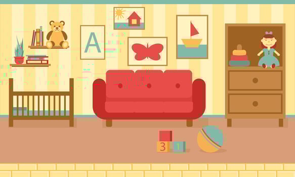 Modern interior of a children's room with furniture. Design of a cozy room with sofa, wardrobe, crib, toys, paintings and decor accessories. Flat style vector illustration.