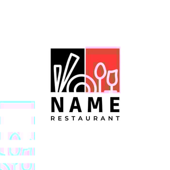Creative restaurant logo design. Chopsticks, plate, spoon, glass logo vector illustration.