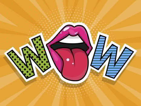 Open mouth and WOW Message in pop art style, promotional background, presentation poster. Flat design, vector illustration.