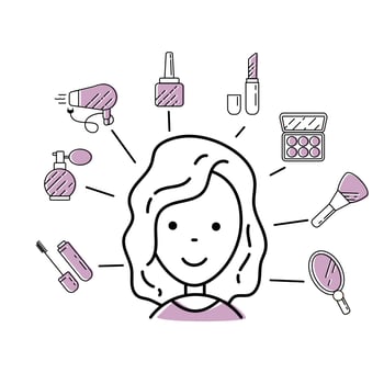 In the center of the icon of a cute girl. Set of illustrations with icons and signs in a linear style. vector