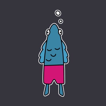 Funny sticker of a fish in pink shorts. Fish with a funny look. Good for postcards, stickers and children's books. Isolated. . vector