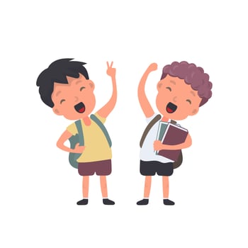 Two boys with books and backpacks standing and raising their hands vector