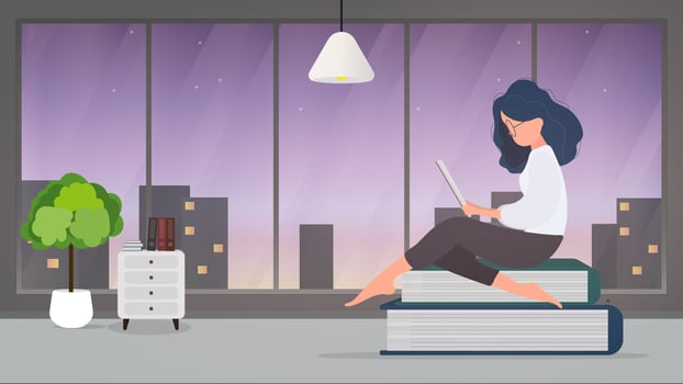 The girl is sitting on a mountain of books. The woman is reading a book. Vector. vector