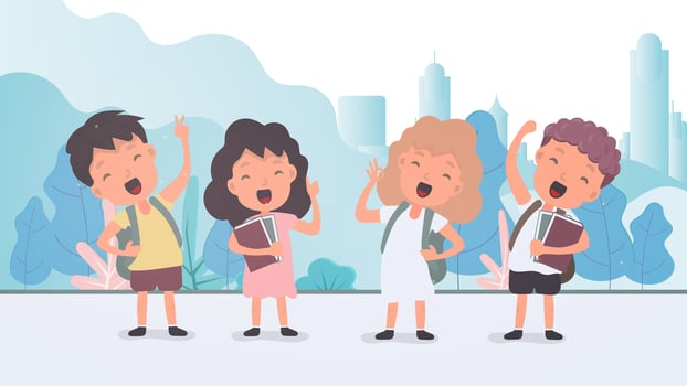 Three children with books and a teacher standing in front of a city vector